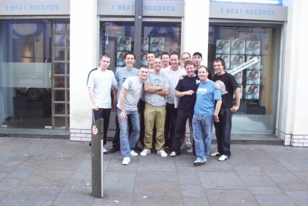 photograph of steve parry with the 3 beat records crew with sasha 